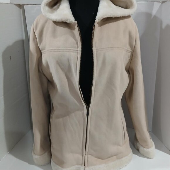 Sonoma Life + Style Women's Suede Fabric Beige HoodFaux Fur Coat/Jacket Size L. - Picture 14 of 14